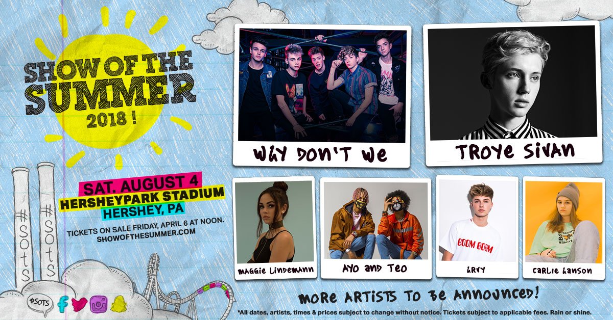 ShowOfTheSummer's tweet photo. 🚨 Get ready #SOTS fam! The hottest festival of the summer returns to Hershey on Saturday, Aug. 4 with @WhyDontWeMusic  @TroyeSivan @MaggieLindemann @ayoteoofficial @hrvy @carliehanson + more! Tickets go on sale this Friday at noon 👉 https://t.co/LLmaizfFKz 💖☀️🍫🎢 https://t.co/jNUIOwfMOO