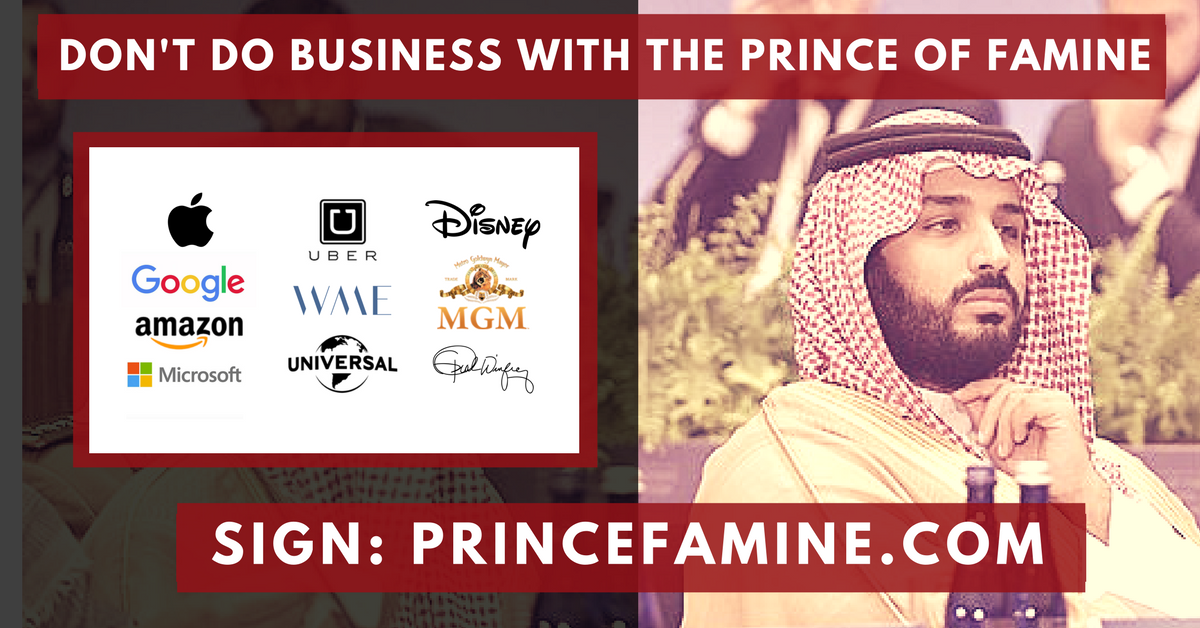 WinWithoutWar's tweet photo. The situation in Yemen is the worst humanitarian crisis in the world. Does Hollywood really need money from #PrinceFamine? Tell @UniStudios, @Disney, @MGM_Studios, @WME, and @Oprah to say no to investment from #CrownPrinceInUSA. #YemenCantWait https://t.co/xFfHSZeQ8h