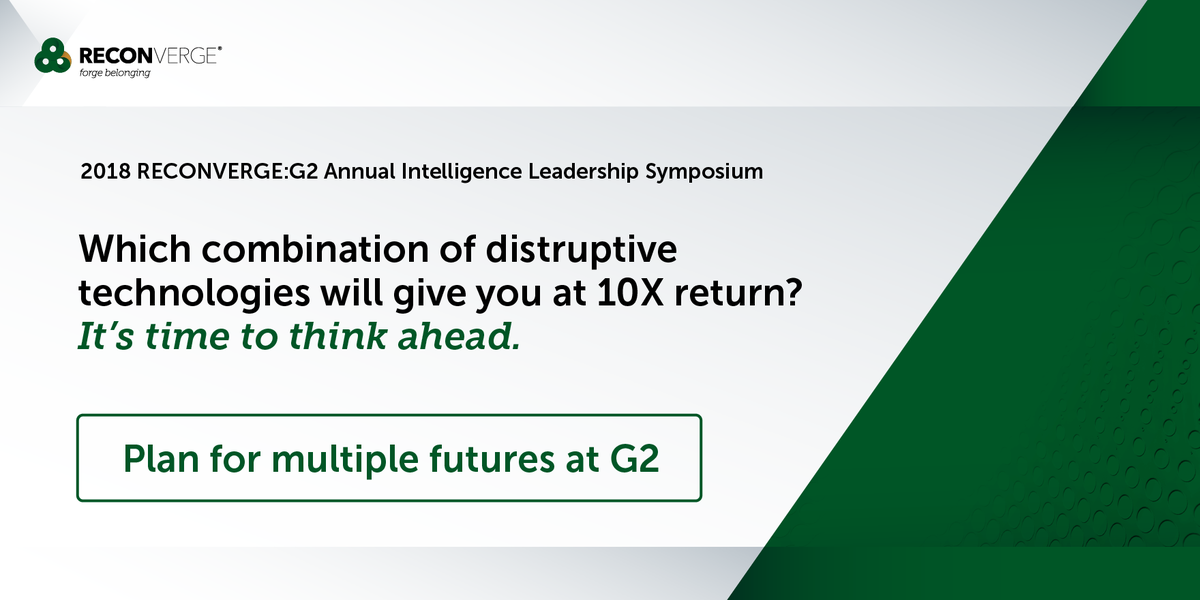 RECONVERGE's tweet image. #AI #IoT #AR #VR #Blockchain Which combination of these (or something else) will create the next big opportunity? Disruption scenario planning, only at #G2Madison - Register today: cor.vc/2ocfeEb