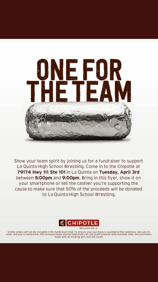 coachFL0's tweet photo. What would be better than chipotle tonight?!? Exactly! Come out and support @LQLQWrestTeams 5p-9p 50% of proceeds go to #LQWRESTLING see ya there!!! 🤼‍♂️🌯🤼‍♀️  Dont be afraid to go double meat &amp; Guac 😉 https://t.co/8TieSFlQ7H