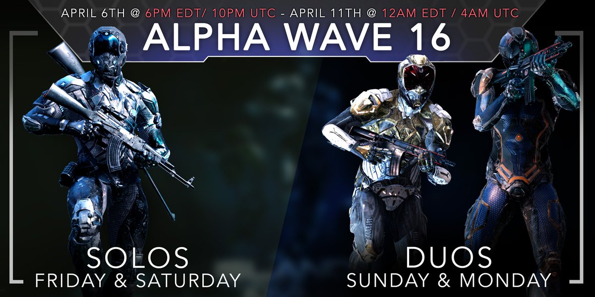 IslandsOfNyne's tweet image. You asked &amp;amp; we listened! Solo and Duo queues will be available for Alpha wave 16!

Times: April 6th @ 6pm EDT/ 10pm UTC - April 11th @ 12am EDT / 4am UTC. Solo queue available from Fri-Sat, and duo queue on Sun-Mon.

Stay tuned for daily updates and more exciting announcements!