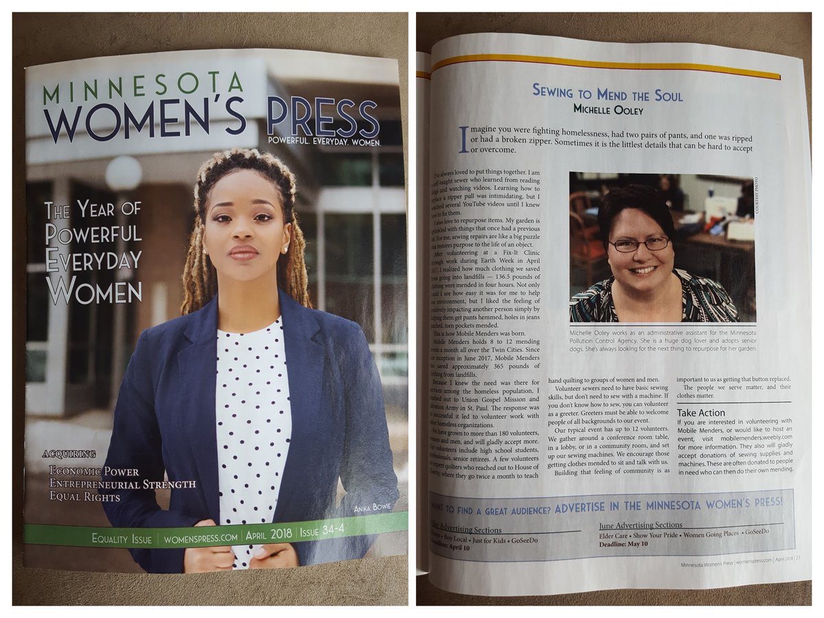 MichelleOoley's tweet photo. Grab the April edition of the Minnesota Women's Press and you might see a familiar face on page 23. @Mobile_Menders @mnwomenspress #women #mending #repair #reuse https://t.co/JvKSnanpkf