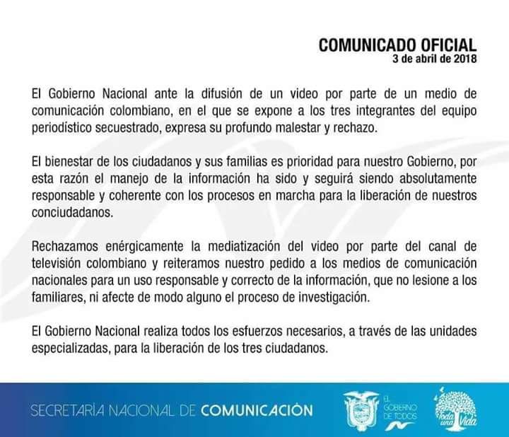 jaquevedo1's tweet photo. #NosFaltan3
Comunicado oficial ante el último video publicado por un medio colombiano. https://t.co/cST2jYAGbS