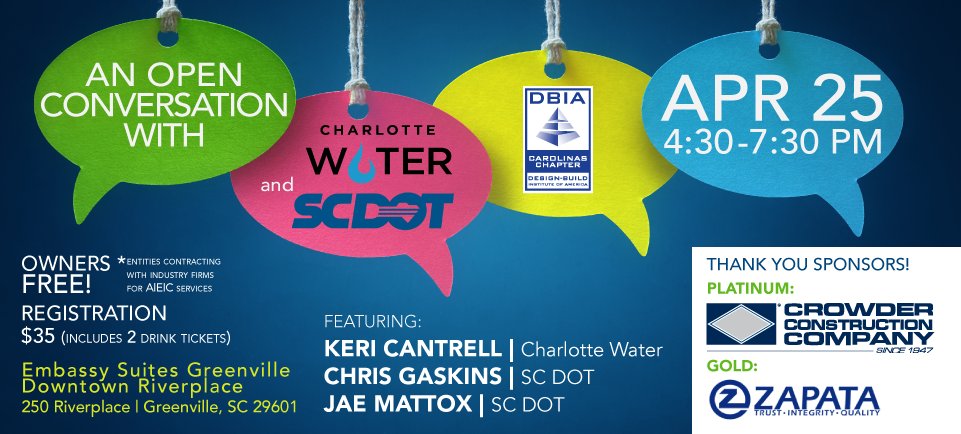 REGISTRATION OPEN | DBIA Southeast Carolinas Chapter Event 4/25 | Presentation with Charlotte Water &amp; SC DOT with networking social in Downtown Greenville
SIGN UP TODAY! 
ow.ly/JjVb30jiwMW