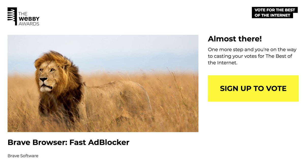 brave's tweet image. Brave for Android is nominated for a #webbys People's Voice award! 🦁 🏆Please vote here now to get us to 1st place, voting ends on April 19. #BeBrave vote.webbyawards.com/PublicVoting#/…