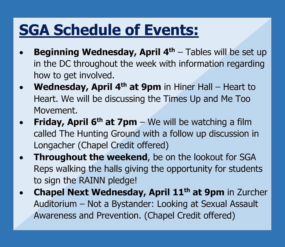 SGAHuntington's tweet photo. SGA has partnered with RAINN to bring awareness and discussion to HU for Sexual Assault Awareness Month! Be on the lookout these next few weeks with how to get involved! #SAAPM https://t.co/CmbaW8XoXQ