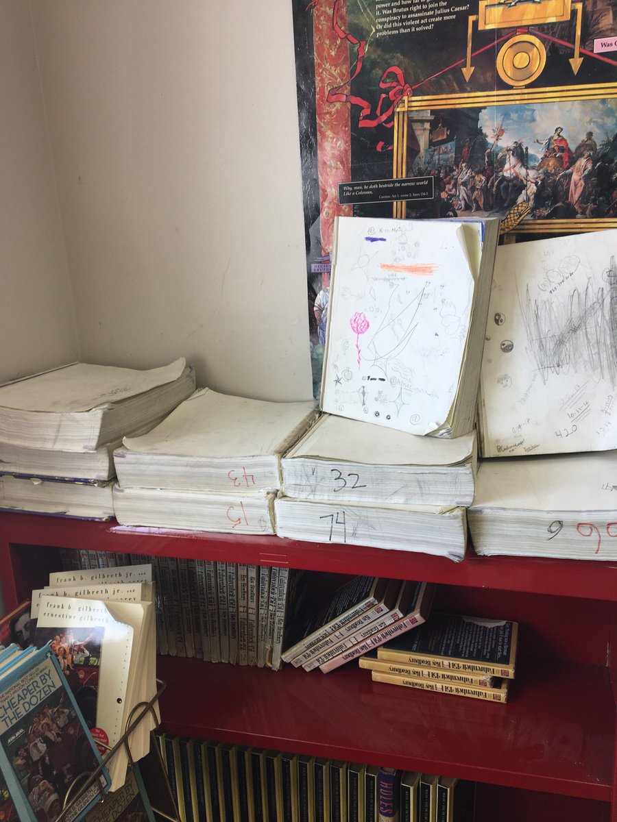 T_Mc06's tweet image. Since only two of my twelve-year old Freshman Literature books have covers, my more artistic 9th graders have helpfully drawn illustrations as the new covers. So yes, we do need funding. Or a duct tape budget at least. #OklahomaTeachersWalkout