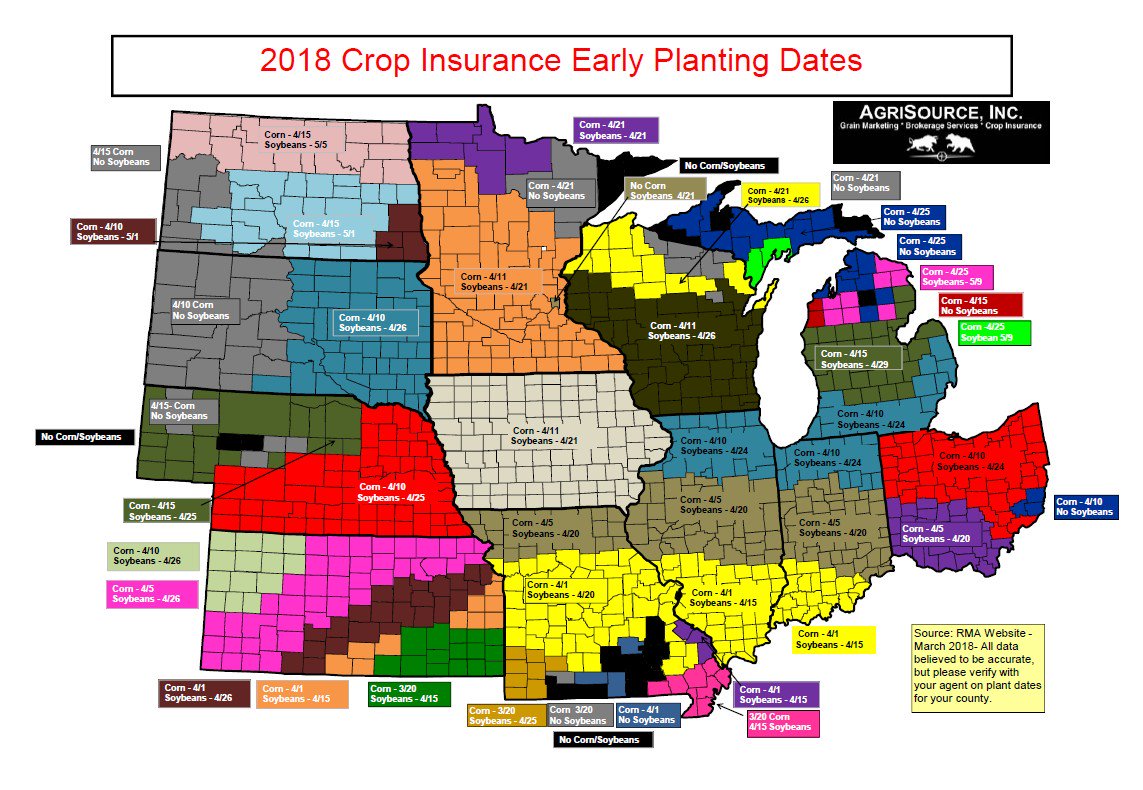 agrisource's tweet photo. 2018 Crop Insurance Early Plant dates for #corn and #soybeans for replant benefits

This quote might say it best....

"It is too late to be early, but it’s too early to say that we’ll be late this planting season."

#plant18 https://t.co/YYVAklbptj