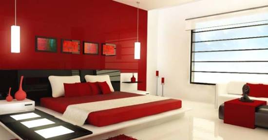 A #red #painted #bedroom can be fun, especially when paired with #darker colors like #black and #brown. bit.ly/2uGnPph