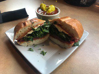 #April Specials - #ItalianSandwich - Toasted French Bread Sandwich with Marinara, Pepperoni, Salami, Fresh Mozzarella, Spinach, and Red Onions. Served with a Side of Meat Sauce for Dipping. Includes Choice of House Salad or Cup of Soup. $11 #Kirkland #Kingsgate #Pizza_Bank