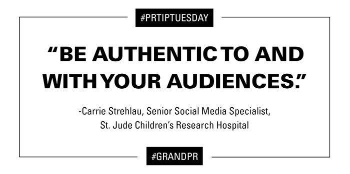Grand_PR's tweet photo. This weeks #PRTipTuesday comes from @CarrieRockChick, Senior Social Media Specialist at St. Jude Children's Research Hospital. “People want to connect with you— whether that’s with your organization’s identity or your personal brand." https://t.co/4AkNjaXp04