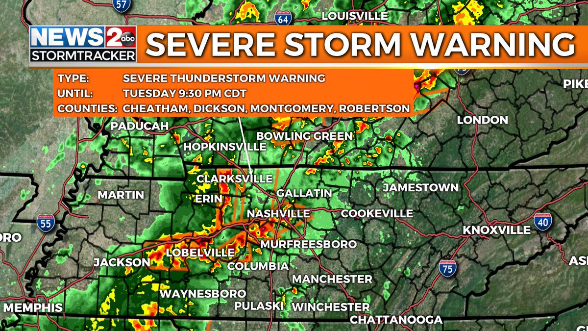 Severe T'Storm Warning for the area in orange. Stay tune to #wkrn! Track: wkrn.com/radar