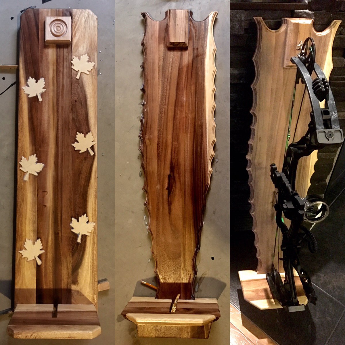 OnArchery's tweet photo. Thoughts? Who would use bow displays? I just finished these two tonight. They need a couple more coats of varnish amd they'll be finished. I figure some people may like to show their bow off! #archery #archerylife #bowcrazy #bowdisplay #woodworking #madeincanada https://t.co/zpUeeUSpq9