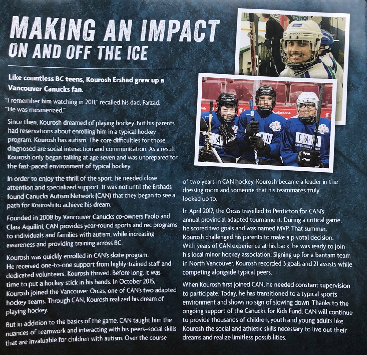 canucksautism's tweet photo. From CAN hockey to minor league bantam star, check out Kourosh Ershad’s feature story in tonight’s #Canucks in-game program!

#AutismAwareness #CAN10 https://t.co/sj8jWdrZyq