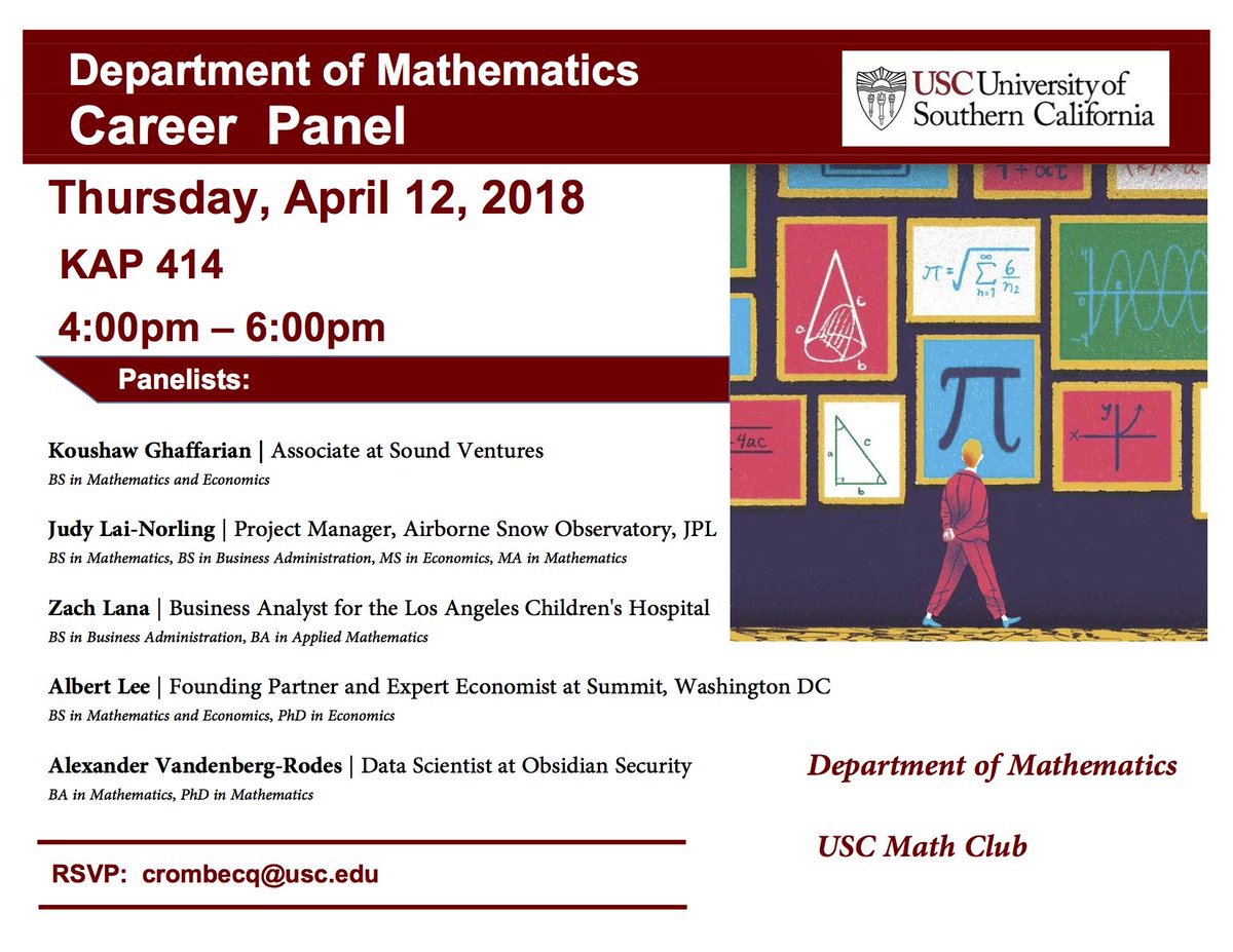 USC Math Dept and Math Club 2018 Career Panel

Thu April 12 4-5.30pm in KAP 414

Please RSVP to crombecq@usc.edu