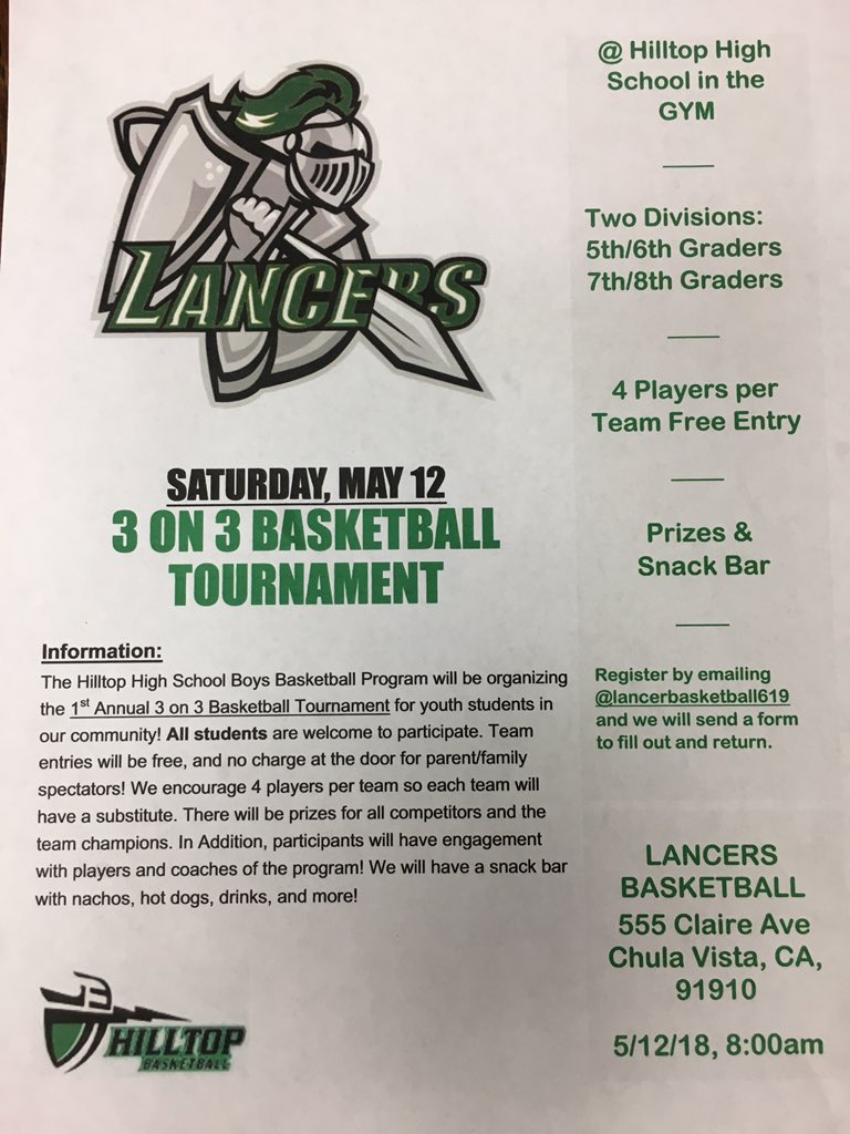 Hilltop_Hoops's tweet photo. Hey @thinkchulavista @SUHSD middle schools, and young ballers everywhere! We will be hosting our 1st Annual 3 on 3 Tournament for 5th-8th Graders next month! FREE ENTRY for teams and spectators #Community #SouthBay RT RT https://t.co/Sxxc1XuZVt