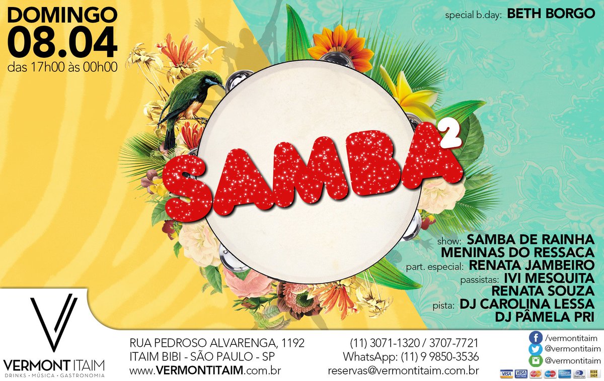vermontitaim's tweet photo. DOMINGO | 08 Abril | das 17h00 às 00h00 - SAMBA² - Shows: @sambaderainha &amp; @meninasressaca  -  Participação Especial: @renatajambeiro  -  Passistas: @ivimesquita &amp; Renata Souza  -  Pista: @djcarolinalessa &amp; @djpamelapri  -  Special BDay: Beth Borgo - ENTRADA: R$ 25,00 https://t.co/W7FFU8g1Md