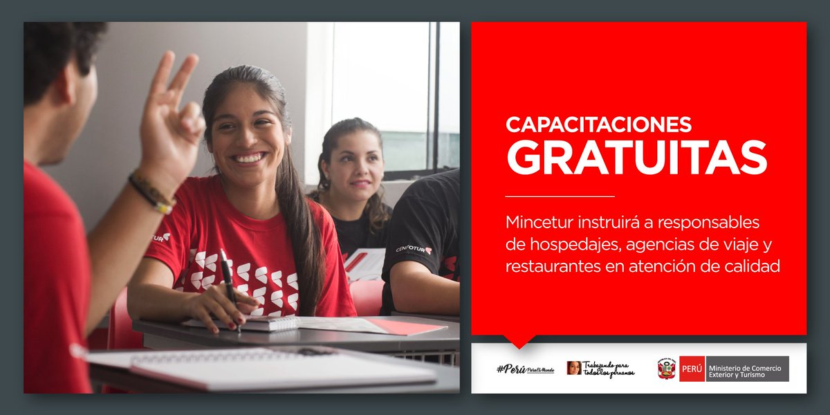 MINCETUR's tweet photo. Si trabajas en el rubro turístico (hospedajes, agencias de viaje, restaurantes) te capacitamos #gratis para mejorar la calidad de tus servicios. Conoce las fechas y lugares de las capacitaciones: https://t.co/CDGQh7M1IQ 

Inscríbete aquí:
🌐 https://t.co/KWWPklljNB. https://t.co/27FLPhnkPO