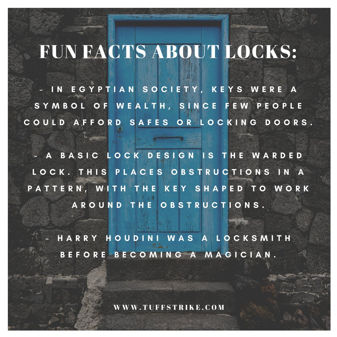 TUFF_STRIKE's tweet photo. Interesting locksmith and lock facts. #tuffstrike #locksmith #deadboltlock #entrydoors #strikeplate #doorsecurity #deadbolt #locks #burglaryprevention #homesecurity #doorreinforcement #doorrepair #doorhardware #homeinvasion #diy #homeimprovement #doors #security #deadboltlatch https://t.co/5w8TbCqEfe
