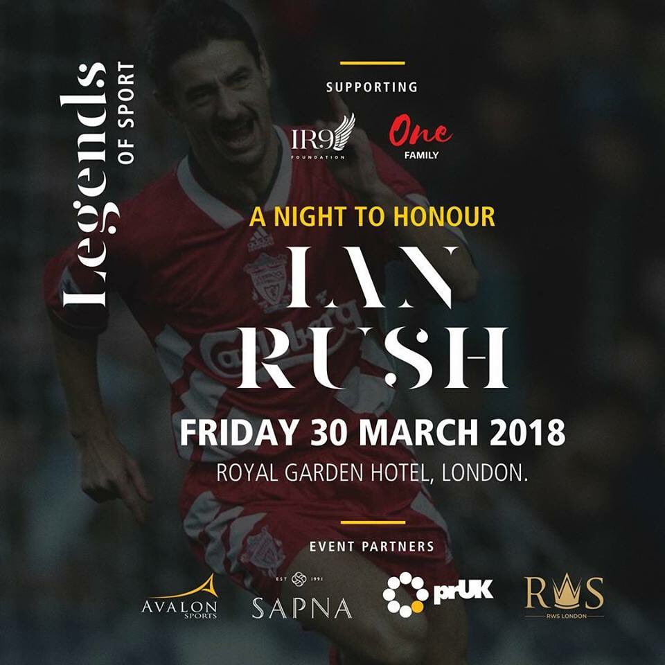 PRUKdigital's tweet image. We are delighted to be event partners for a special evening to honour Liverpool &amp;amp; Wales all-time record goalscorer, @ian_rush9 #LegendsOfSport