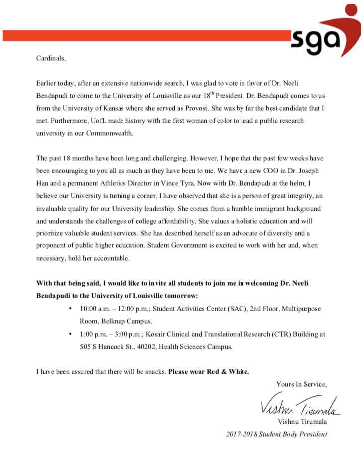 UofLSGA's tweet photo. SGA President @da_vish invites all students to welcome new University President @KUProvostNeeli to UofL. Join us at the following times tomorrow:
10-12: SAC MPR (Belknap)
1-3: Kosair CTR (Health Sciences) https://t.co/aKbv06cqqY
