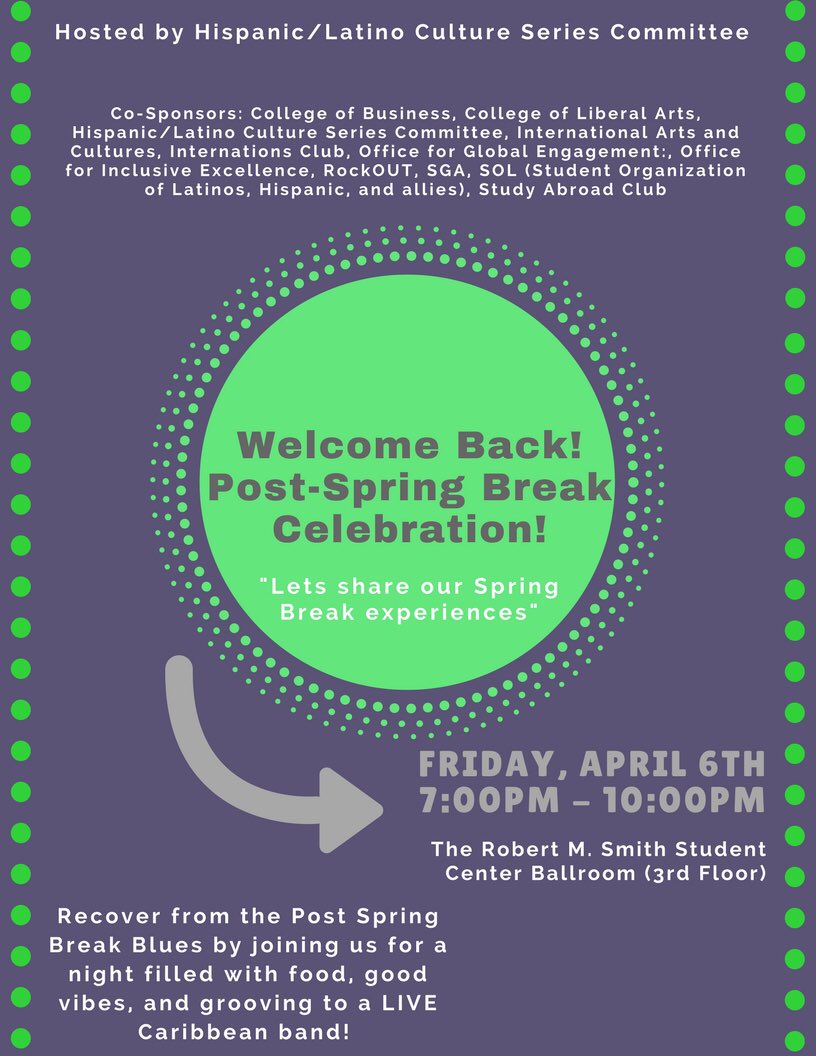 Come celebrate post-spring break this Friday in the SSC Ballroom! Come dance, eat and listen to some great music!💃🏻