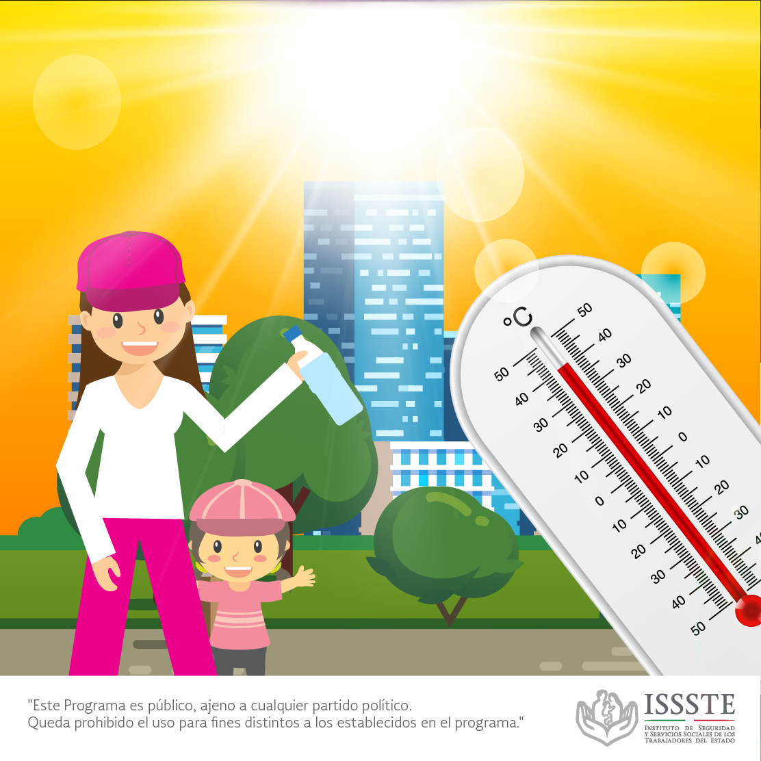 ISSSTE_mx's tweet photo. En temporada de calor mantén a tus hijas e hijos 👦🏽👧🏻 hidratados bebiendo agua natural o algún suero que favorecen la reposición de líquidos. Además, procura que usen sombrero o gorra, aplícales bloqueador solar y vigila que permanezcan a la sombra. ¡Cuídalos! https://t.co/G9nUq1SWTv