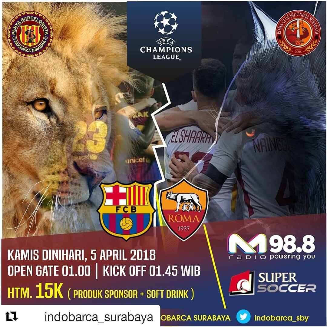 Nobar UCL
<a href="/RCI_Surabaya/">Romanisti Surabaya</a> 

Kamis, 5 ApriL 2018
KO 01:45
@Mradiosby 
CP: bang Ucup 0878-5122-2425

Cc: <a href="/M_muhid15/">Muhid</a> <a href="/RomaIndonesia/">Roma Club Indonesia</a> <a href="/OfficialRoma_ID/">AS Roma Indonesia</a>