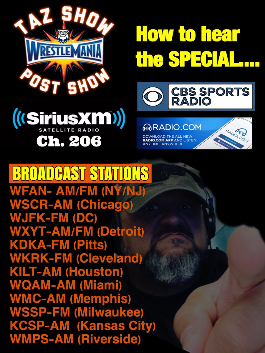 This Sunday 11p-2a ET #TheTazShow #WrestleMania <a href="/CBSSportsRadio/">CBS Sports Radio</a> <a href="/Radiodotcom/">RADIO.COM</a> <a href="/SIRIUSXM/">SiriusXM</a> ch.206