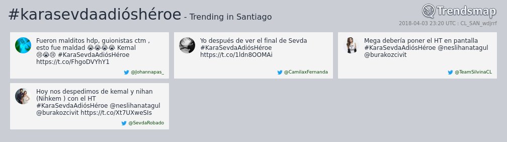 TrendsSantiago's tweet photo. #karasevdaadióshéroe es ahora una tendencia en #Santiago

https://t.co/ILFMDOJ6tJ https://t.co/d9qY1IAyUF