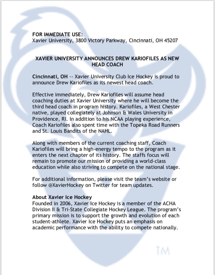 XavierHockey's tweet photo. TEAM NEWS: Musketeers to hire Drew Kariofiles as third head coach in program history #LetsGoX https://t.co/aC1yijMY3R