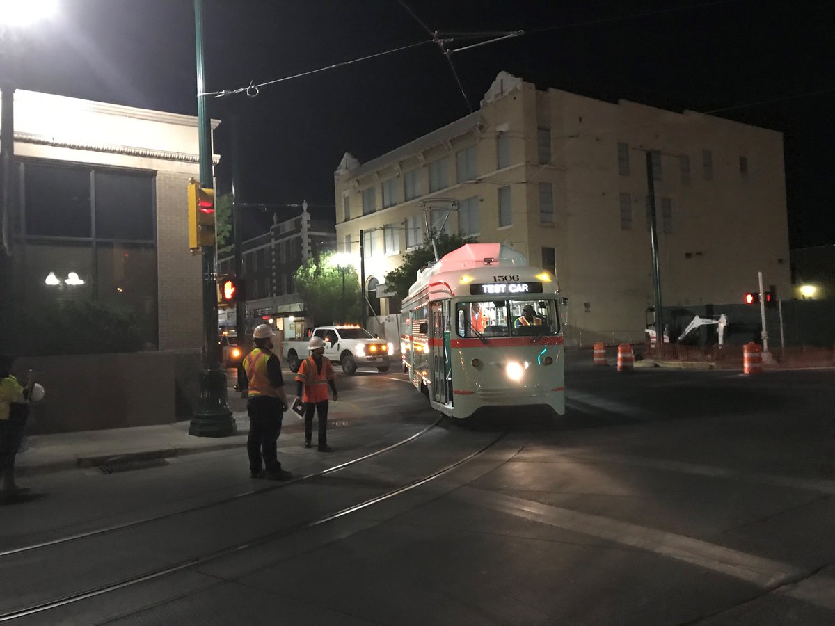 ElPasoTXGov's tweet image. Streetcar 1506 taking a midnight sTROLLEY through downtown El Paso last night! #initialtesting #EPStreetcar #testcar #iamelpaso