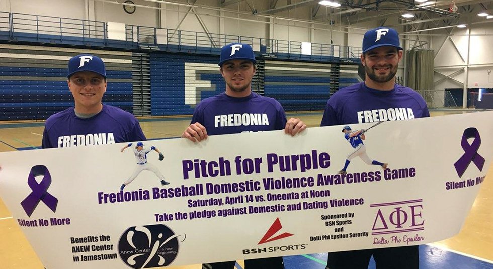 FredSt_Baseball's tweet photo. Fredonia baseball will be outside the library Wednesday from 11am to 2:30pm as Phase 1 of its Domestic Violence Awareness program. Come sign our pledge against DV. Purple jerseys to be worn by players all day. #SilentNoMore @FredBlueDevils Thanks to BSN for providing jerseys. https://t.co/atJ5aiAP5E