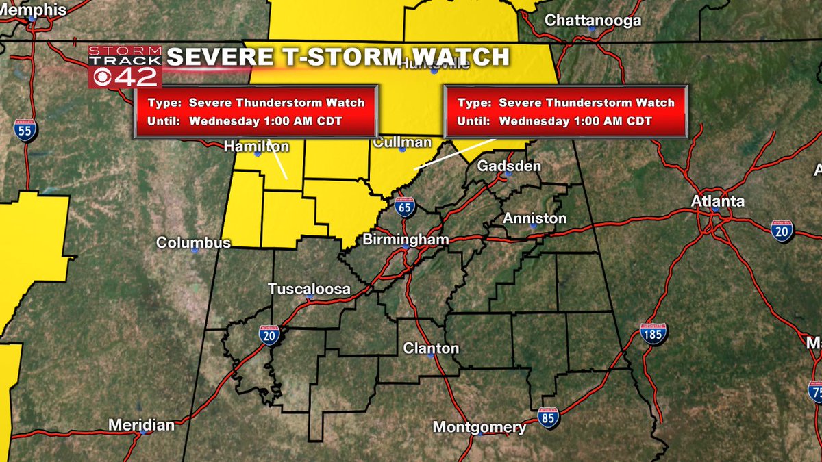 gannweather's tweet photo. Storm Track Weather: A Severe T-storm Watch has been issued for Central Alabama. #StormTrack42 #alwx https://t.co/05VBycFVuh