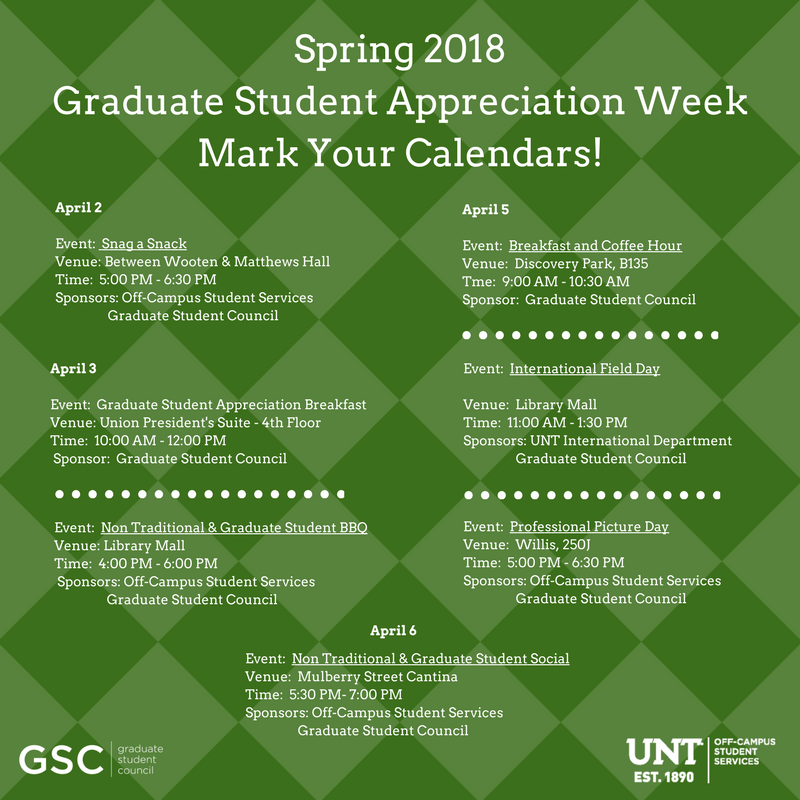 UNT_GSC's tweet photo. Check out these events during #GraduateAppreciationWeek
@UNT_GSC @UNToffcampus https://t.co/NZoIuZaNvu
