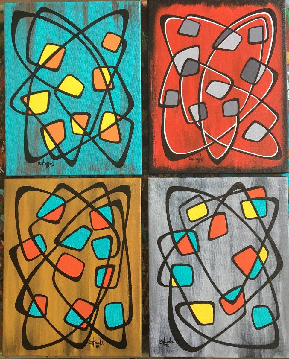 Spent the day in the studio creating these. Much more fun than doin’ taxes...cuz pretty much everything is!😝

Available now. Link in my profile.

#midcentury #madmen #MidCenturyModern #abstractart #originalart #palmsprings #workingartist #buysomeart #cleesobieski #artofsobieski