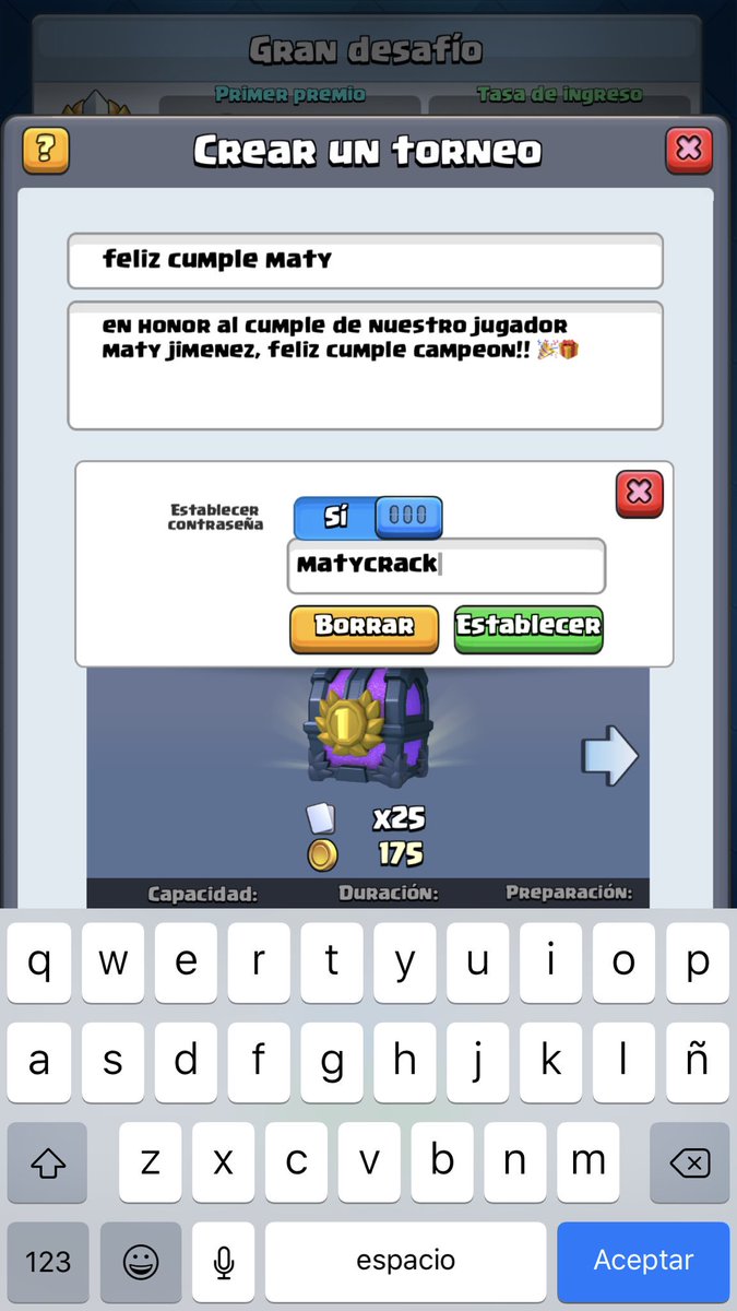 Torneo para celebrar a nuestro jugador <a href="/AlexMilling1/">maty jimenez</a> FELIZ CUNPLEAÑOS CRACK!! <a href="/ReusLuis7/">K1ngReus</a> <a href="/RaccontoCl/">Racconto</a> @SSayan26 @cr_titanx @NaughtyClubGG <a href="/klacks_123/">KL4CKS</a>
