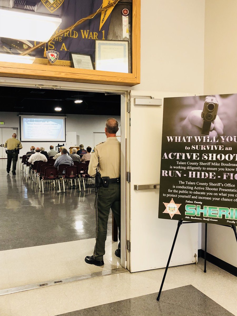 TulareSheriff's tweet photo. HAPPENING NOW! What would YOU do if faced with an “active shooter”? Tulare County Sheriff’s Office giving its 1st of 6 RUN-HIDE-FIGHT presentations in Porterville. #activeshooter #runhidefight #tularecountysheriff #tularecounty #sheriff #tweetalong https://t.co/iCUu69Q9OD