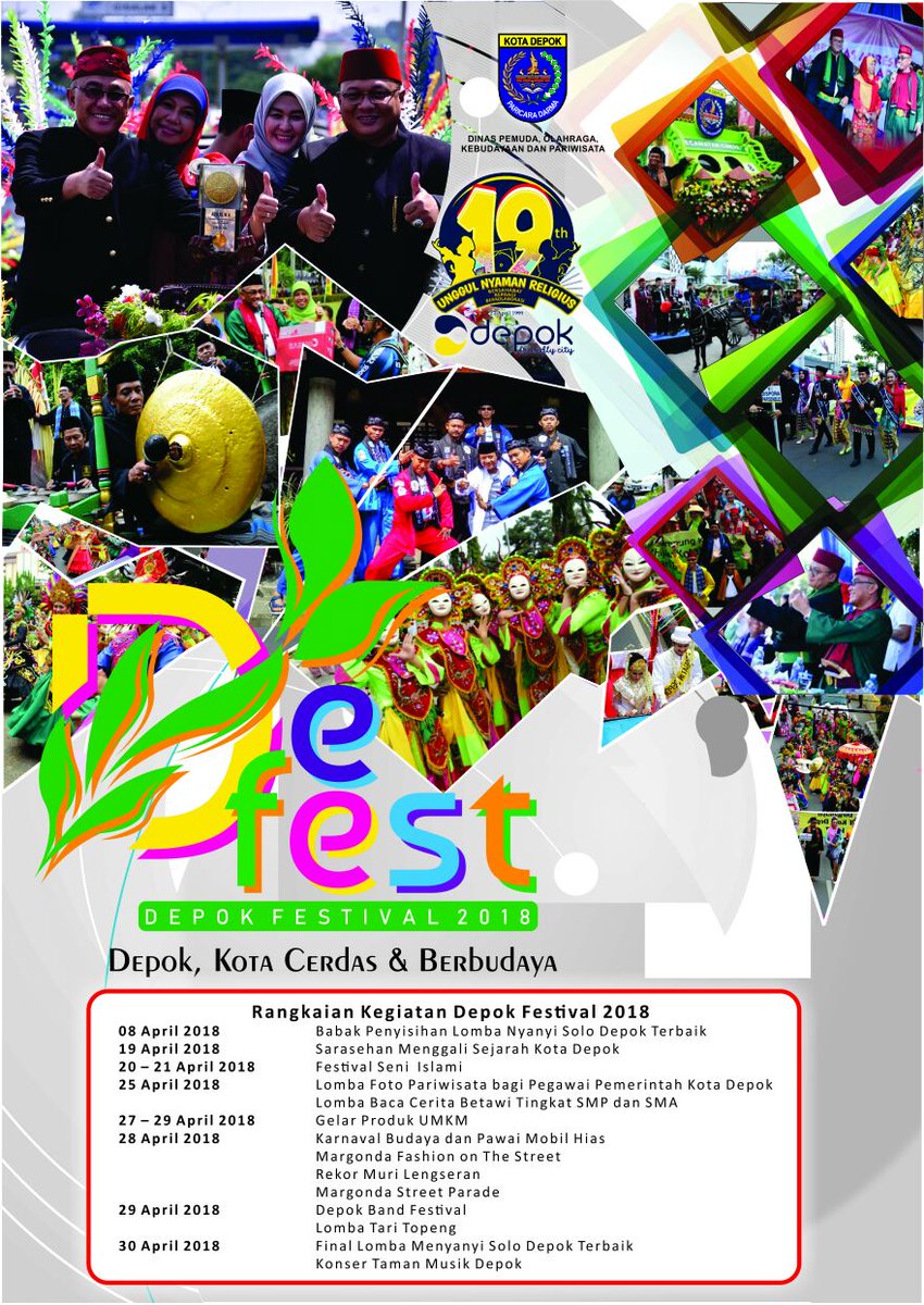 Yuk kita seru-seruan di Hari Jadi ke-19 Kota Depok tahun 2018. *Depok Festival 2018*
#hutdepok19 #depokbersahabat #depokfriendlycity #depokberbagi #depokberkolaborasi <a href="/pemkotdepok/">PEMERINTAH KOTA DEPOK | #AyoPakaiMasker</a> <a href="/Humas_depok/">Dokpim</a> <a href="/humasjabar/">Humas Jabar</a> <a href="/depokdiskominfo/">diskominfo_depok</a> <a href="/IdrisAShomad/">Mohammad Idris</a>