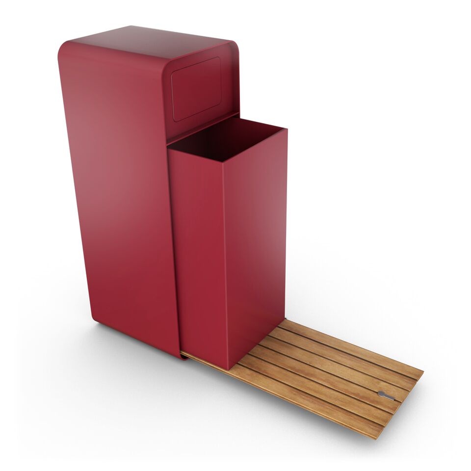 HANKO: Poubelle d'extérieur en acier et bois avec couvercle
Toutes teintes RAL disponibles. 
Possibilité de personnalisation : tôle perforée selon motifs de votre choix (logo, nom de ville, blason, graphismes)
Disponible en acier métal ou acier inoxydable.