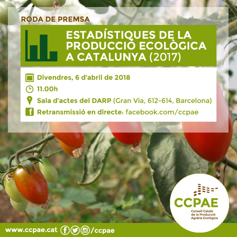 CCPAE's tweet photo. CANVI DE DATA!
🔊 El @CCPAE presenta les dades de la producció ECO a Catalunya 2017

📆 Divendres 6 d'abril
⏰ 11h
📌 Serveis Centrals @agriculturacat Gran Via, 612-614, BCN
Amb David Mascort, secr. gral DARP, i @DanielValls1, president CCPAE
Confirmacions: comunicacio@ccpae.org https://t.co/lHcgKpcZ73