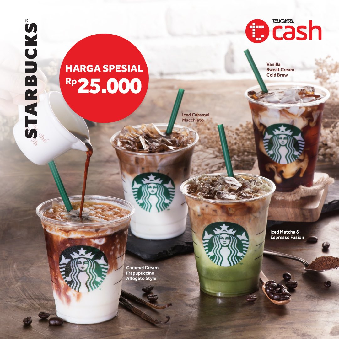 YEAY! Dapatkan harga special Rp 25.000 untuk kamu yang #pakeTCASH khusus art in a cup Caramel Cream Frappucino – affogato style, iced caramel macchiato, vanilla sweet creat cold brew, iced matcha &amp; espresso fusion di Starbucks terdekat hingga 13 April 2018.