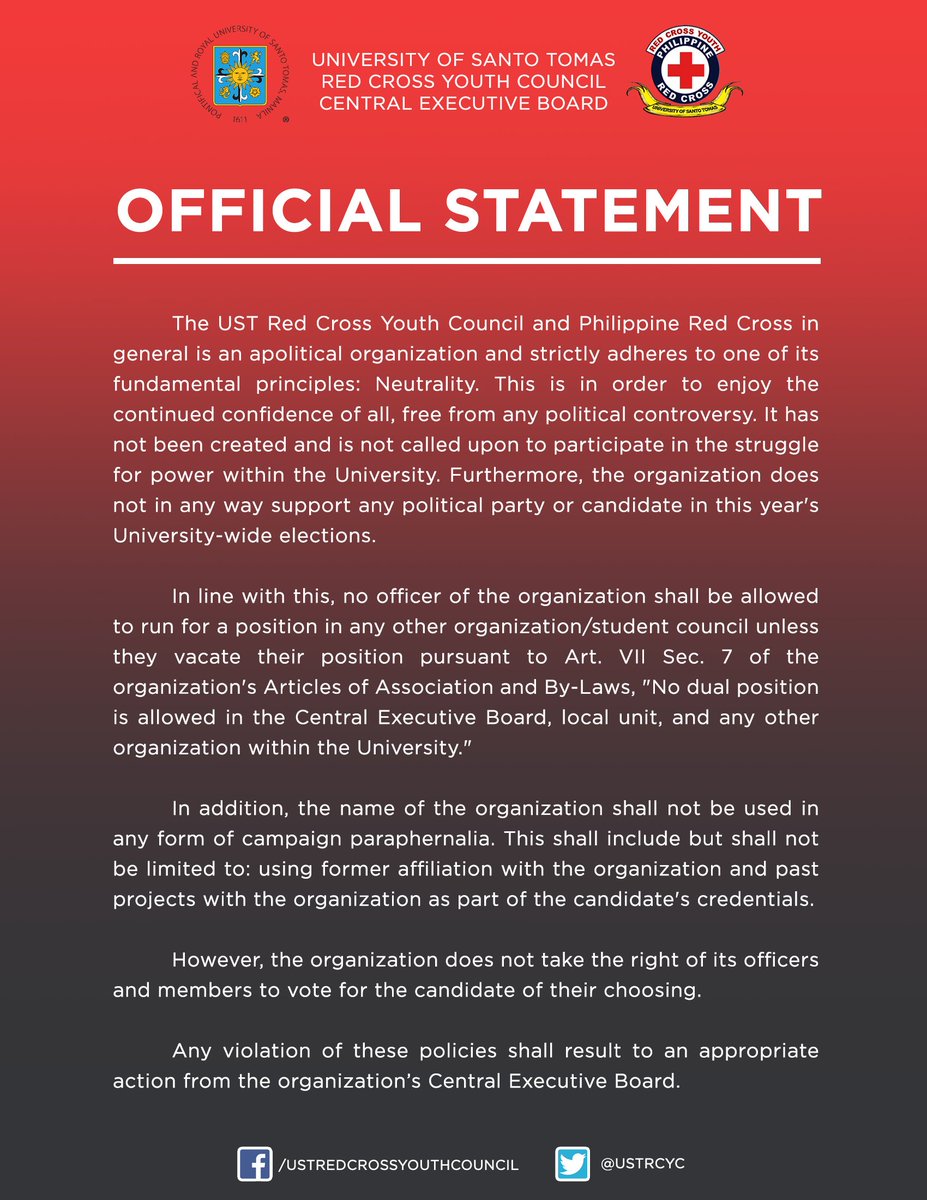 This is the official statement of the UST Red Cross Youth Council regarding this academic year's University-wide Student Elections.