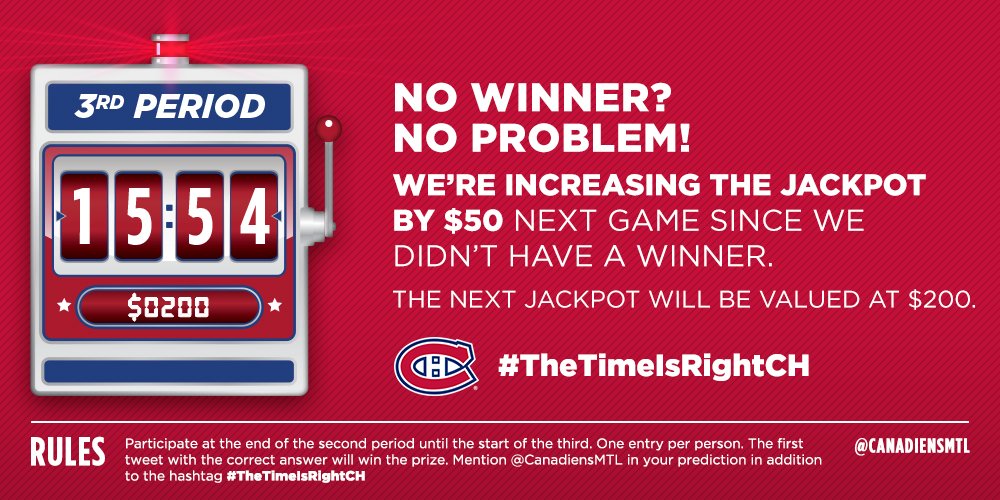 CanadiensMTL's tweet photo. No winner tonight for #TheTimeIsRightCH contest, as the final goal of the game was not scored in the 3rd period. The prize will therefore be a $200 gift certificate @TricoloreSports next game! https://t.co/qSKEiJYUtJ