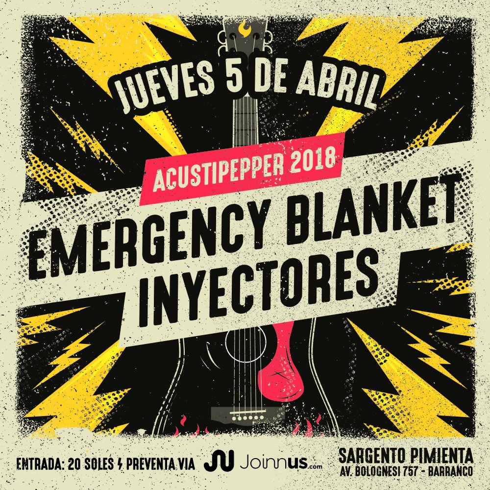 SargentPimienta's tweet photo. ¡Vuelven los jueves acústicos al Sargento! Dos de las mejores bandas locales se desconectan en una noche íntima y especial 👏🎶
#Acustipepper 2018: @e_blanket + @Inyectores - JUE/5/ABR #dondelafiestarevienta
👉 https://t.co/DR3zSEvy5a https://t.co/mS3wWs8S9R