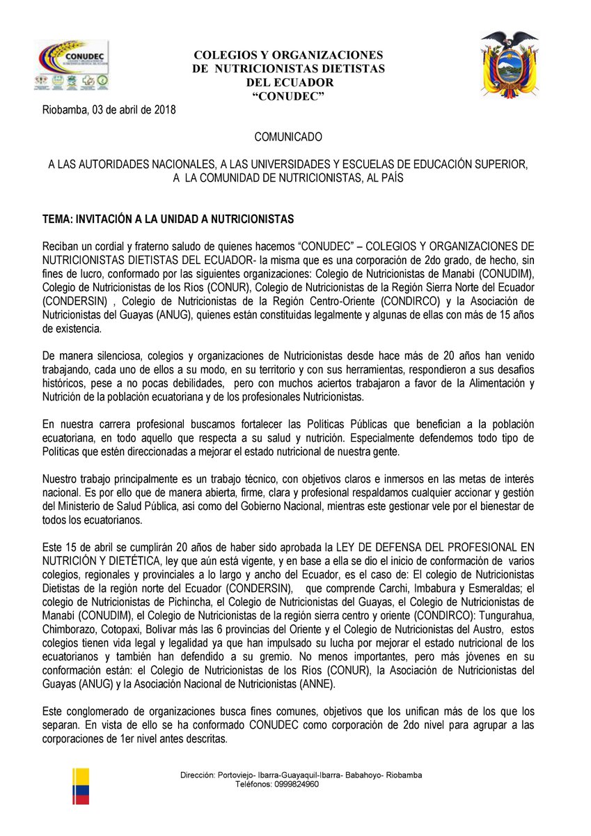 conudec's tweet photo. Extendemos nuestra invitación formal y hacemos conocer la gran gama d Nutricionistas al país. @MVEspinosaS @CarCisneros @FalconiCecilia @Lenin @fanderfalconi @berecordero @rubenfloresEC @MCarvajal_A @drwilliamgarzon @LaRadioAsamblea @TvlEcuador @tvecuador @conudec @ANNE21119938 https://t.co/VX2lCPwQW0