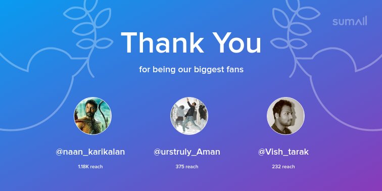 Our biggest fans this week: @naan_karikalan, @urstruly_Aman, @Vish_tarak. Thank you! via sumall.com/thankyou?utm_s…