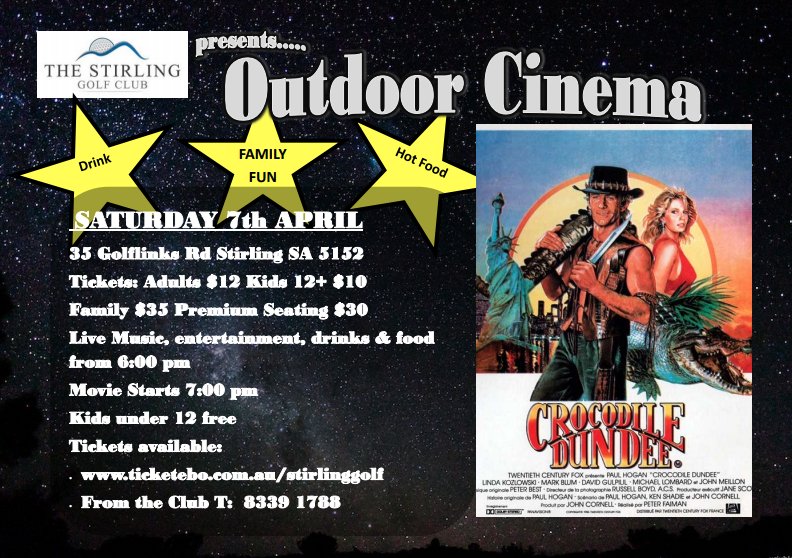 Are you a die-hard Crocodile Dundee fan like we are? Join us this Saturday night for the last instalment of our Trilogy Outdoor Cinema Sessions. Link to purchase tickets: ticketebo.com.au/the-stirling-g…

#Adelaide #Adelhills #SeeSouthAustralia #CrocodileDundee #SouthAustralia #Stirling