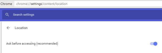 screenshot of chrome's location setting set to "ask before accessing"
