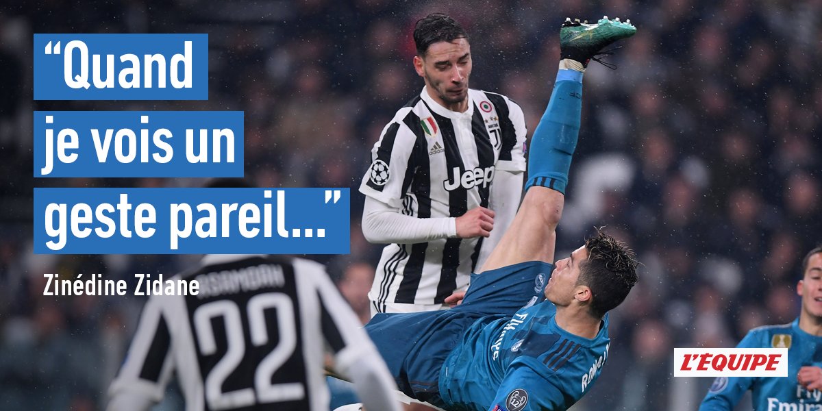 lequipe's tweet photo. Zinédine Zidane a rendu un hommage appuyé à Cristiano Ronaldo, auréolé d'un but exceptionnel face à la Juventus mardi soir https://t.co/qsU389L49w https://t.co/q7LsKbzOa3